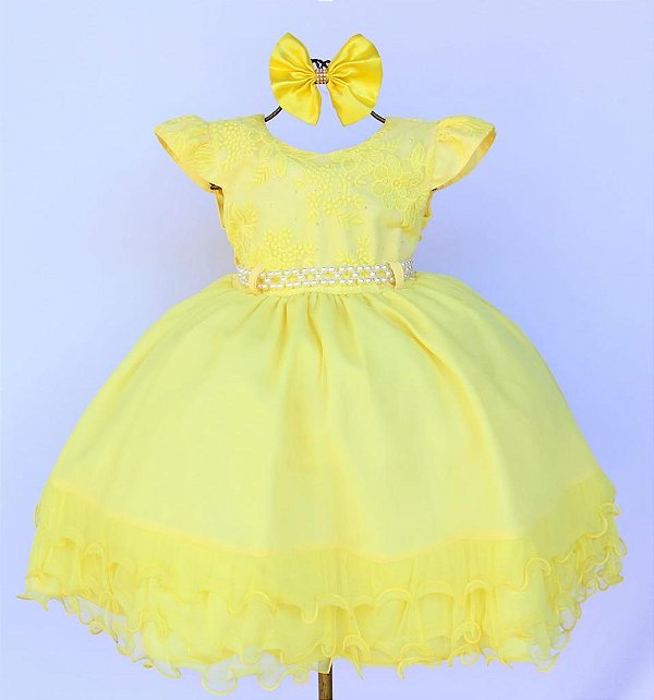 Vestido Amarelo Peito Renda